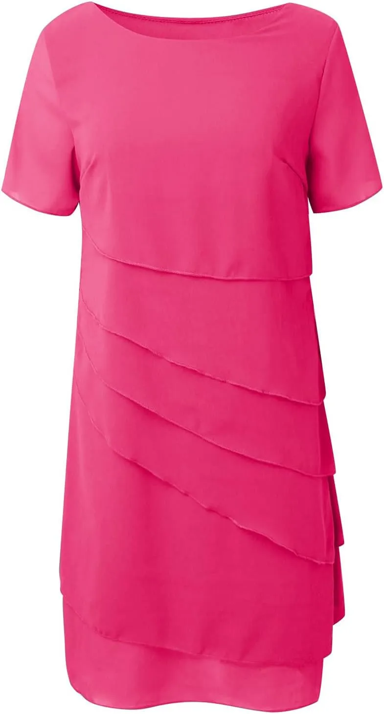 Akivide Women's Elegant Layered Chiffon Midi Dress Summer Flowy Flutter Short Sleeve Wedding Cocktail Party Dress