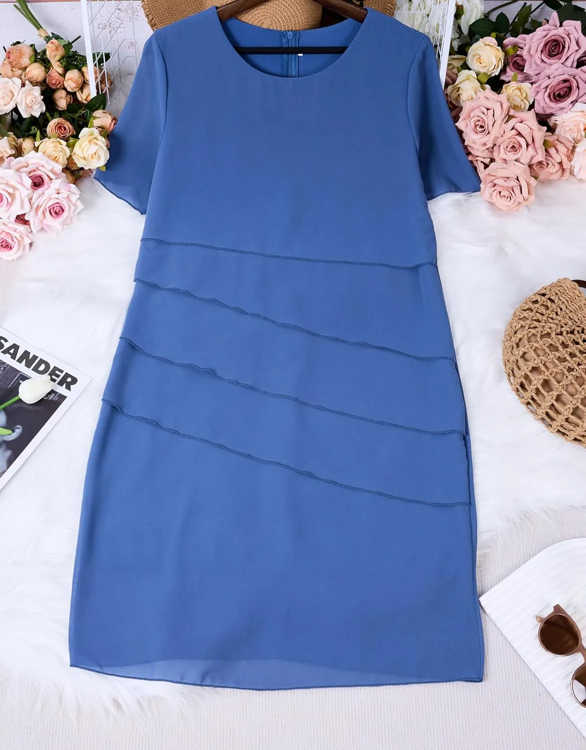 Akivide Women's Elegant Layered Chiffon Midi Dress Summer Flowy Flutter Short Sleeve Wedding Cocktail Party Dress