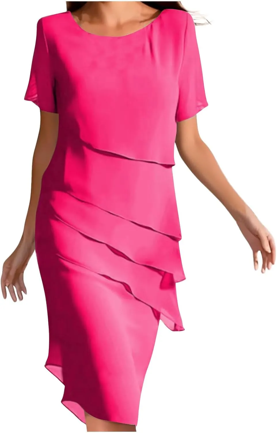 Akivide Women's Elegant Layered Chiffon Midi Dress Summer Flowy Flutter Short Sleeve Wedding Cocktail Party Dress