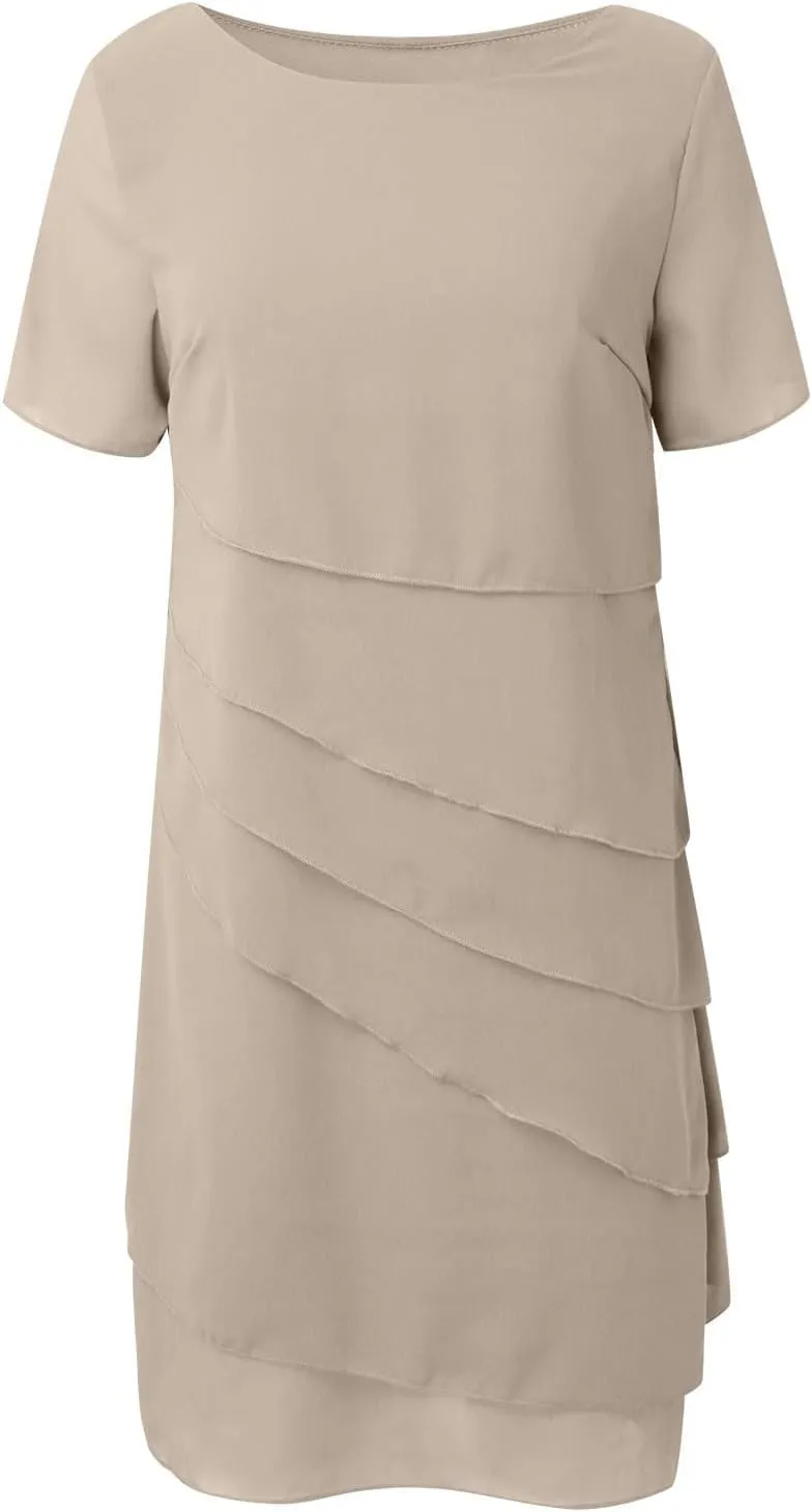 Akivide Women's Elegant Layered Chiffon Midi Dress Summer Flowy Flutter Short Sleeve Wedding Cocktail Party Dress
