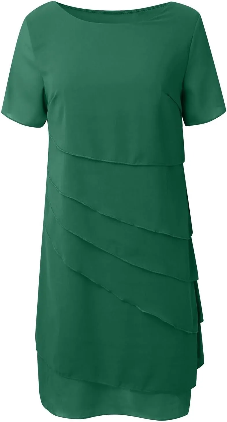 Akivide Women's Elegant Layered Chiffon Midi Dress Summer Flowy Flutter Short Sleeve Wedding Cocktail Party Dress