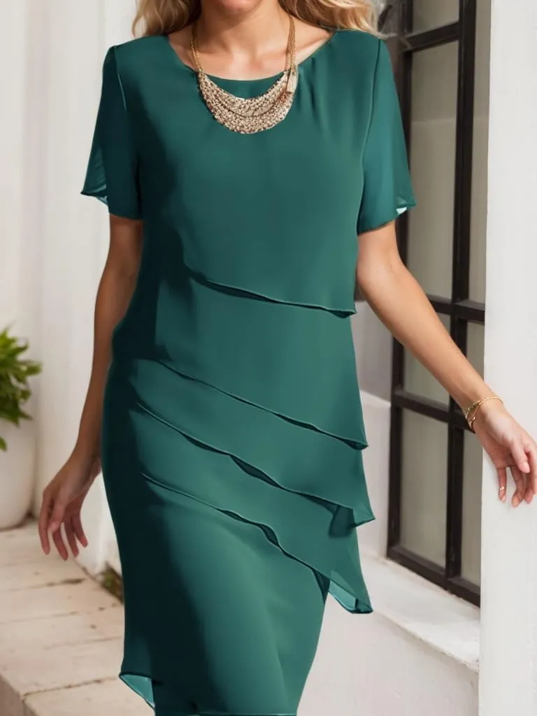 Akivide Women's Flowy Chiffon Tiered Midi Dress Summer Elegant Short Sleeve Layered Cocktail Dresses