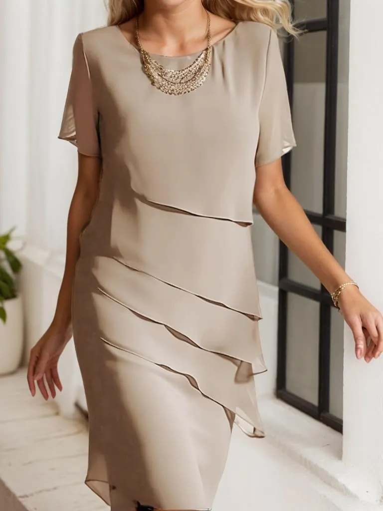 Akivide Women's Flowy Chiffon Tiered Midi Dress Summer Elegant Short Sleeve Layered Cocktail Dresses