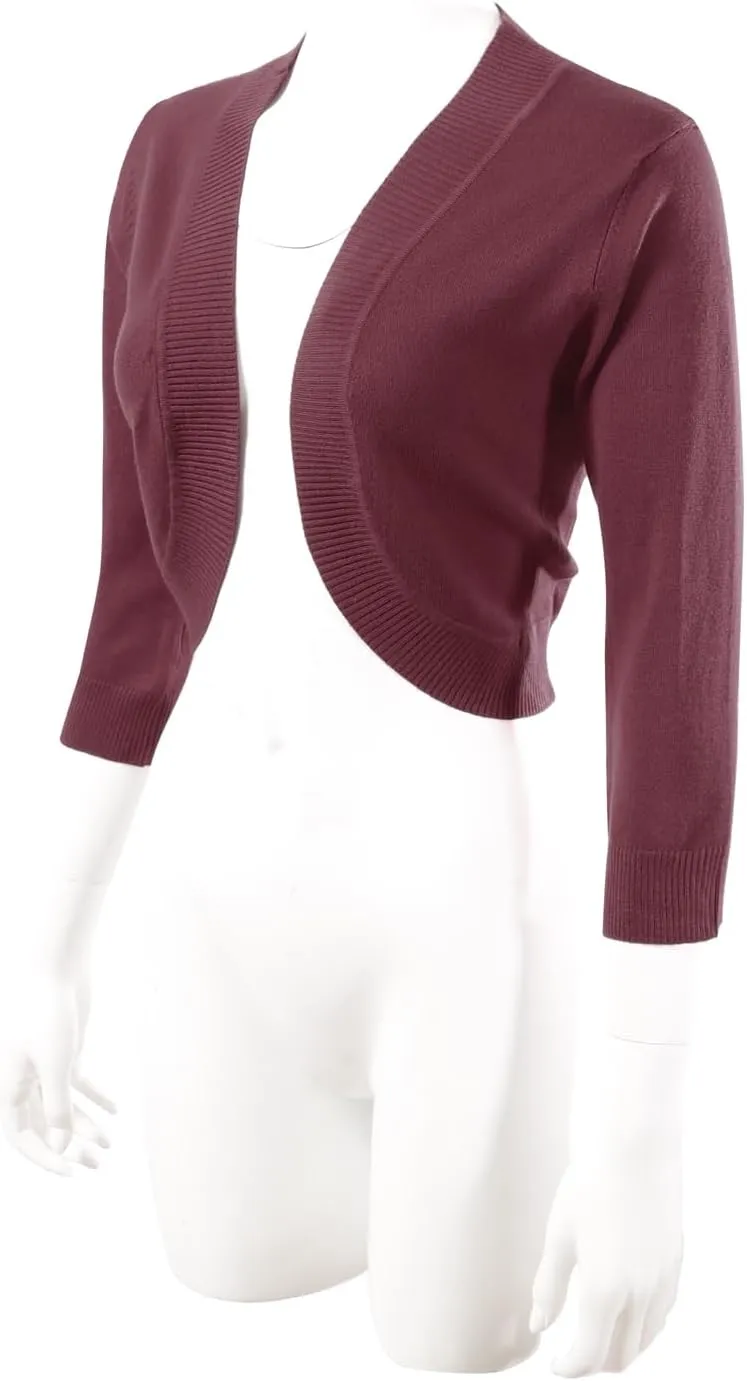 Allsense Women's 3/4 Sleeve V-Neck Cropped Bolero Shrug Cardigan