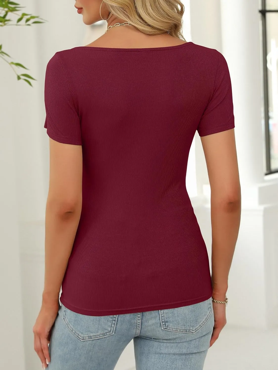 ANRABESS Women Boat Neck Tops Short Sleeve T-Shirts Ribbed Knit Tight Fitted Basic Tees Shirts 2025 Summer Clothes