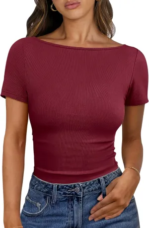 ANRABESS Women Boat Neck Tops Short Sleeve T-Shirts Ribbed Knit Tight Fitted Basic Tees Shirts 2025 Summer Clothes