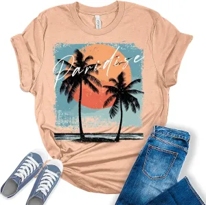 Beach Shirts for Women Coconut Trees Hawaiian Graphic Tshirt Summer Vacation Beach Tees Tops