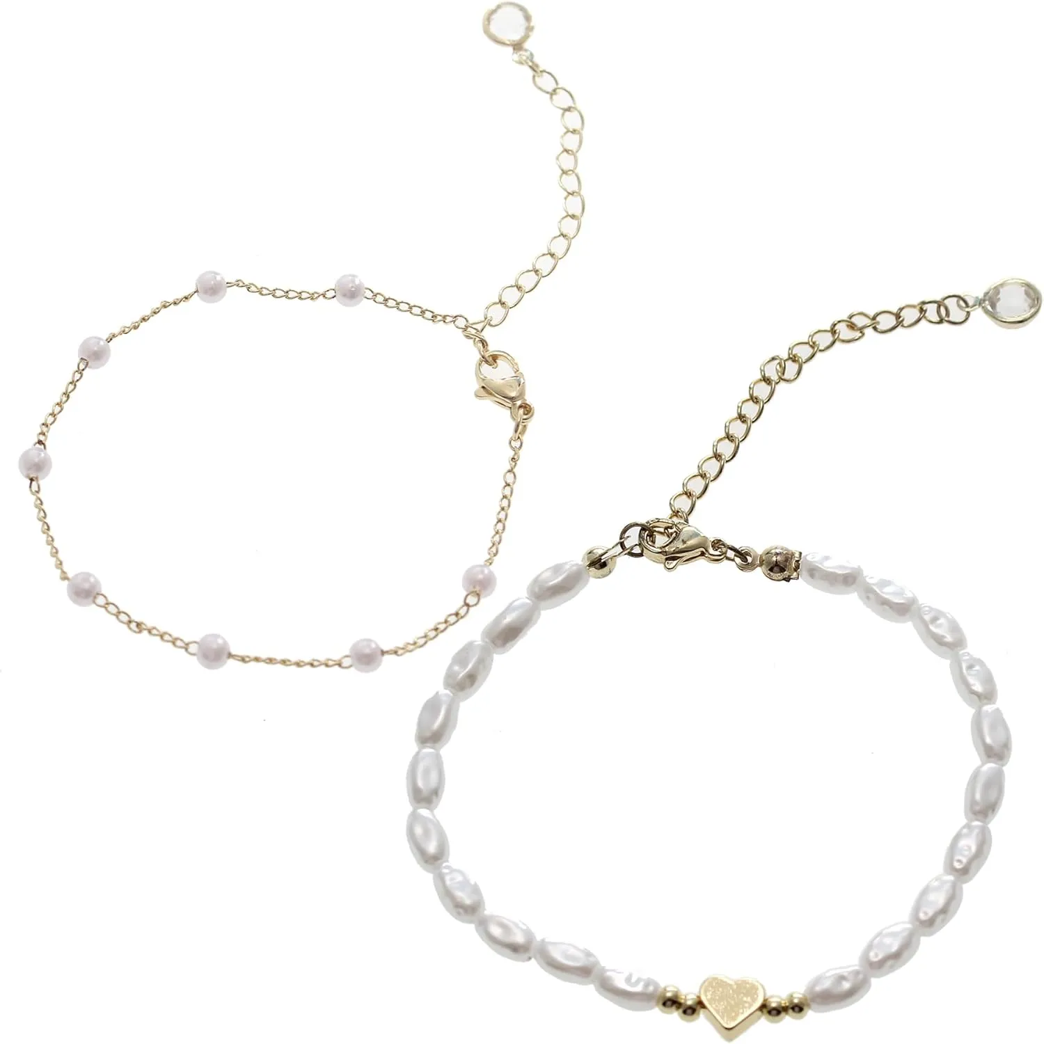 Beaded Bracelets for Women,14K Gold Plated Bracelet Set, Heart Pearl Stackable Bracelet,Adjustable Gold Jewelry for Women