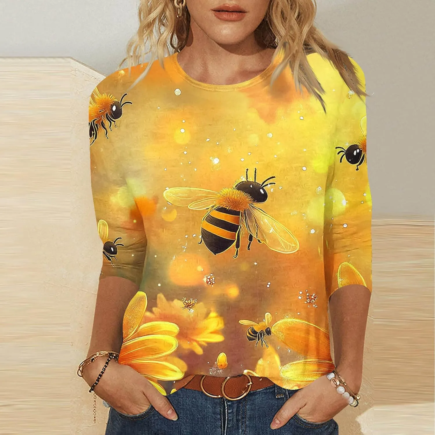 Bee Print Tee Shirts for Women 3/4 Length Sleeve Tops Summer Crewneck Tshirt Cute Graphic Blouse Plus Size Tees