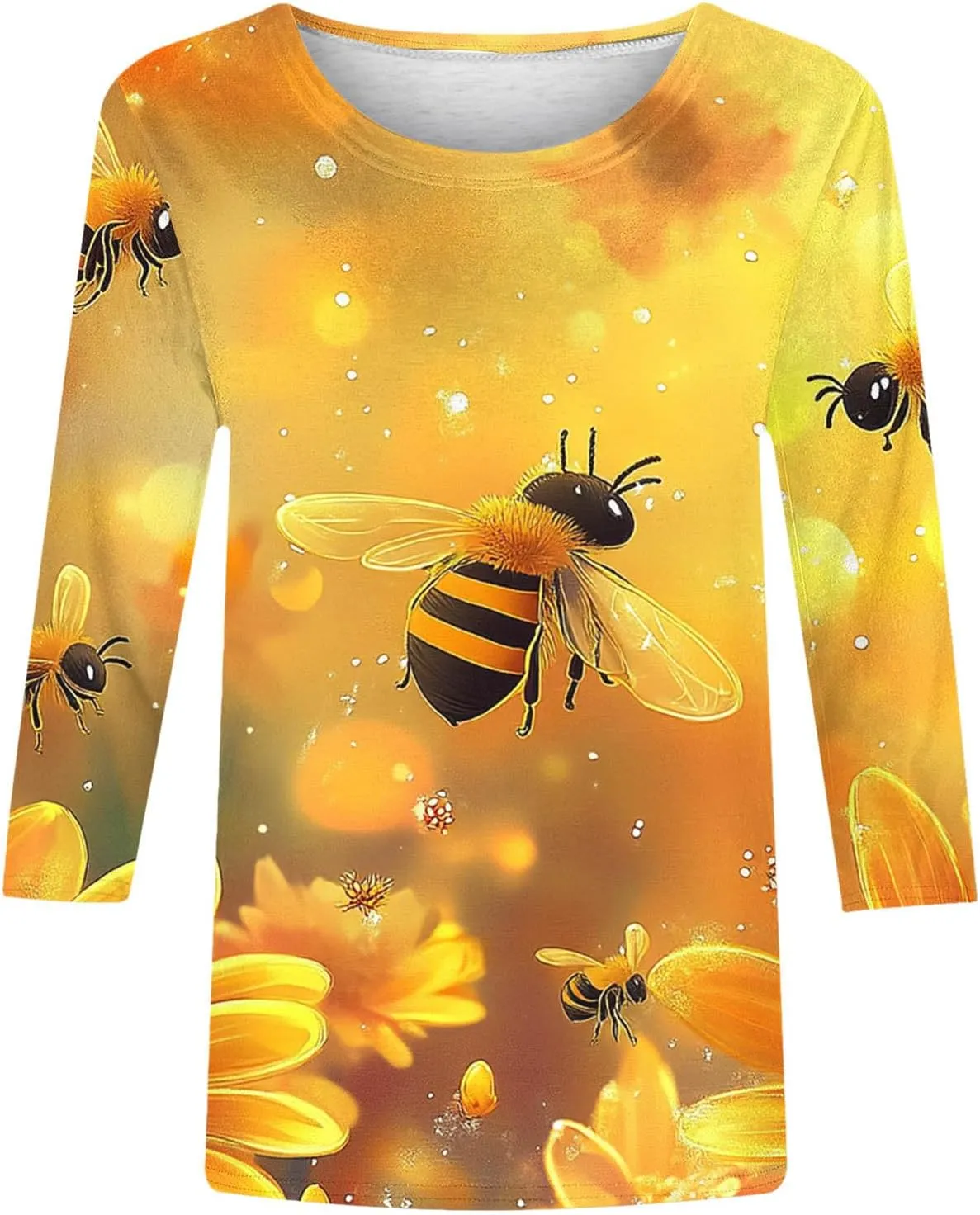 Bee Print Tee Shirts for Women 3/4 Length Sleeve Tops Summer Crewneck Tshirt Cute Graphic Blouse Plus Size Tees