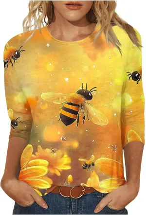 Bee Print Tee Shirts for Women 3/4 Length Sleeve Tops Summer Crewneck Tshirt Cute Graphic Blouse Plus Size Tees