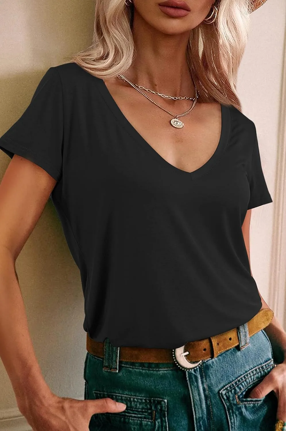 Beluring Womens Summer Tops Deep V Neck Long/Short Sleeve Shirt Loose Casual Tee T-Shirt