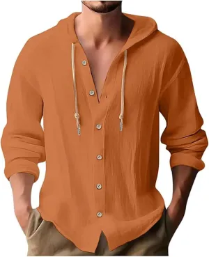 Big and Tall Linen Hoodie Beach Hippie Shirts for Men Casual Button Up Long Sleeve Shirts Plus Size Mens Linen Shirt
