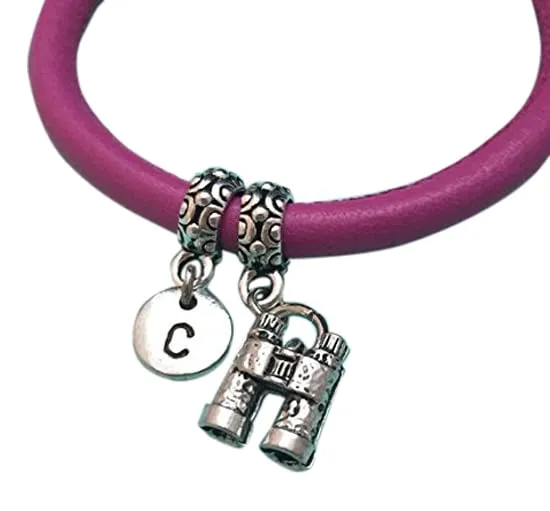 Binocular leather bracelet, binocular charm bracelet, leather bangle, charm bangle, personalized bracelet, initial bracelet, monogram