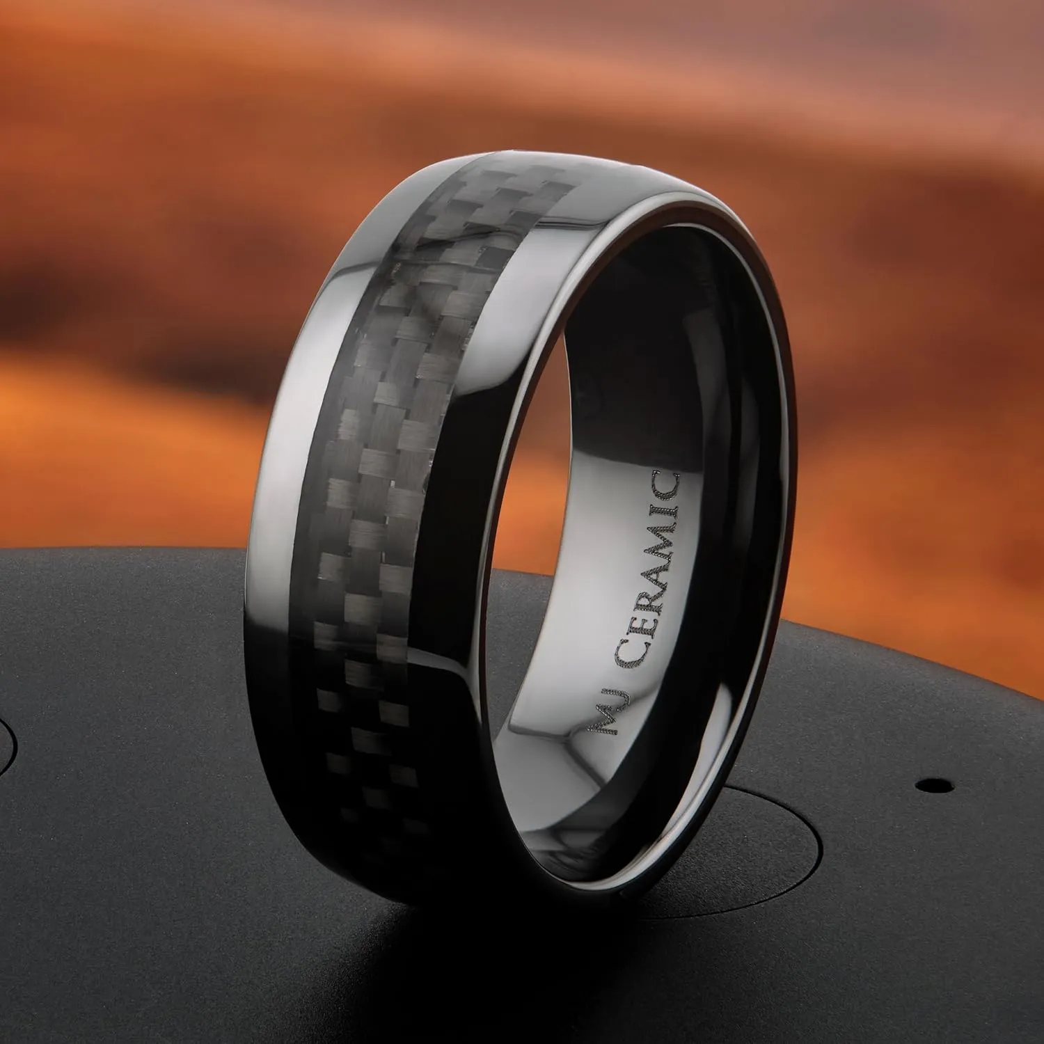 Black 8mm Ceramic Black Carbon Fiber Inlay Half Dome or Recessed Edge Wedding Band Comfort Fit Ring