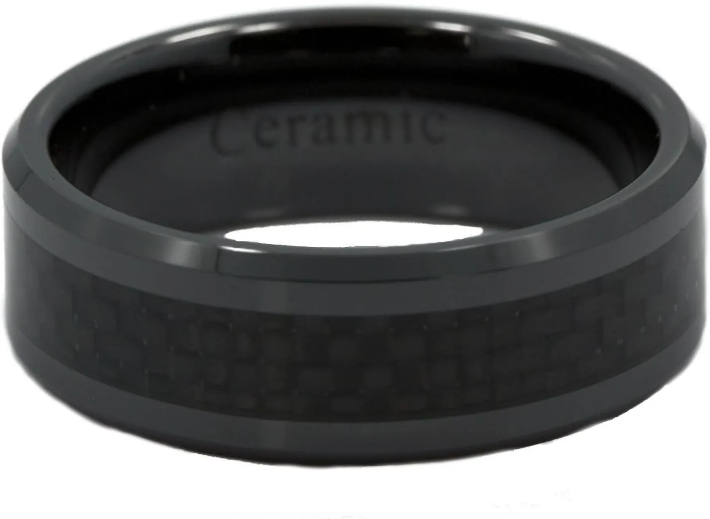 Black 8mm Ceramic Black Carbon Fiber Inlay Half Dome or Recessed Edge Wedding Band Comfort Fit Ring