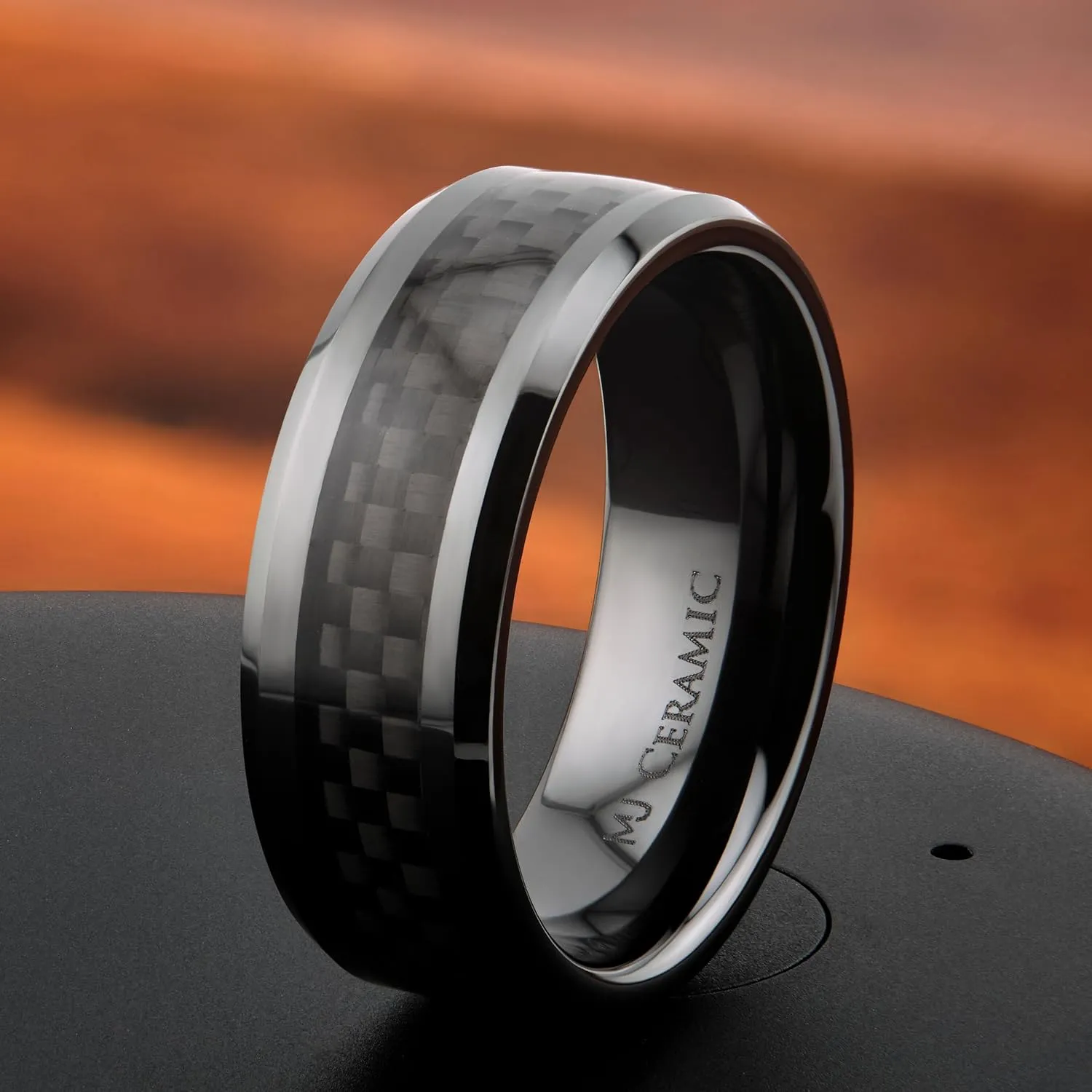 Black 8mm Ceramic Black Carbon Fiber Inlay Half Dome or Recessed Edge Wedding Band Comfort Fit Ring