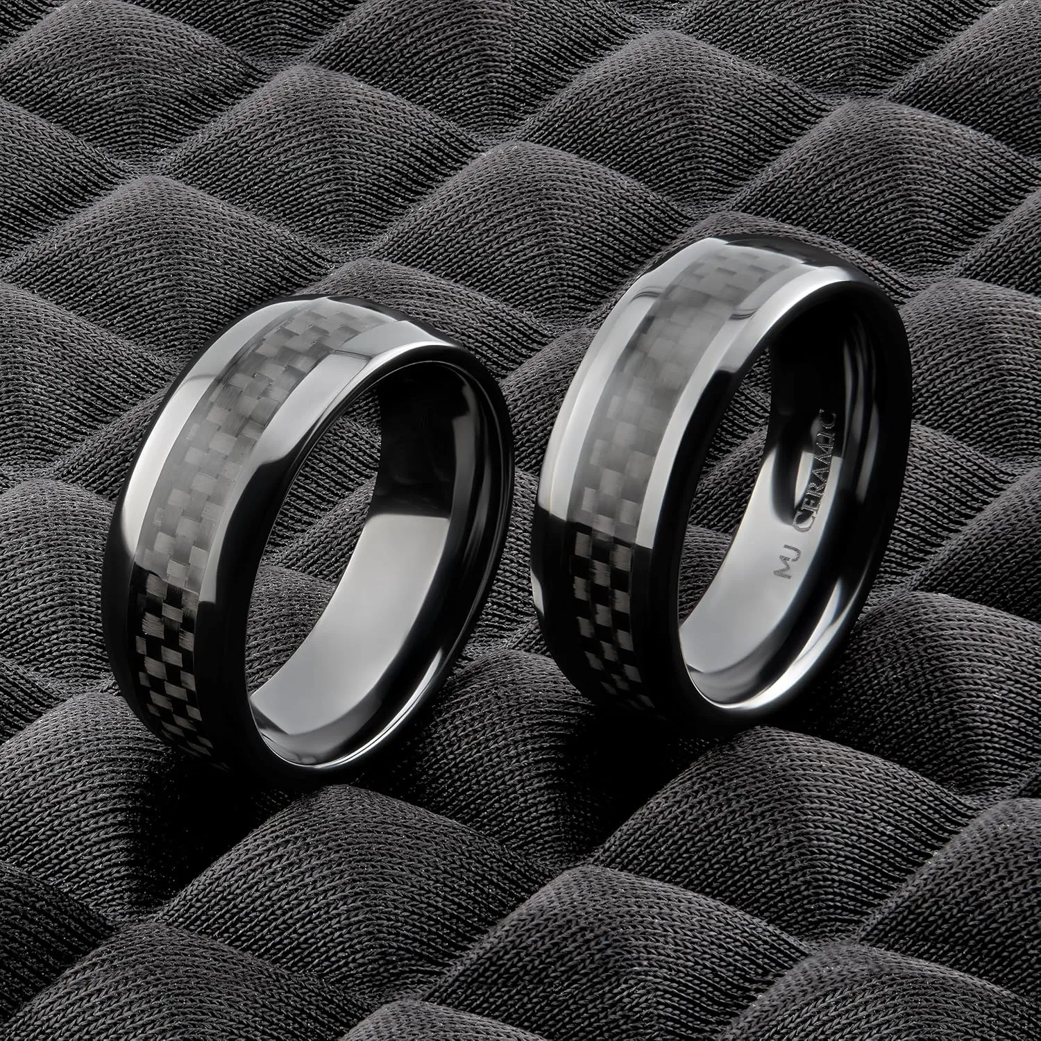 Black 8mm Ceramic Black Carbon Fiber Inlay Half Dome or Recessed Edge Wedding Band Comfort Fit Ring