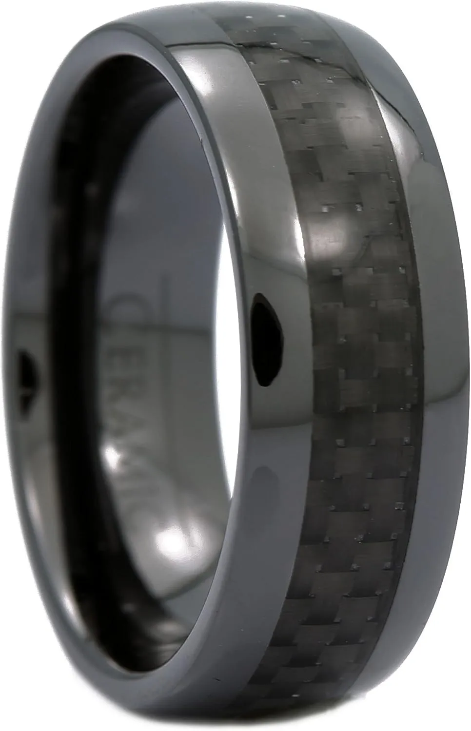 Black 8mm Ceramic Black Carbon Fiber Inlay Half Dome or Recessed Edge Wedding Band Comfort Fit Ring