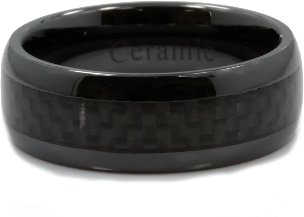 Black 8mm Ceramic Black Carbon Fiber Inlay Half Dome or Recessed Edge Wedding Band Comfort Fit Ring