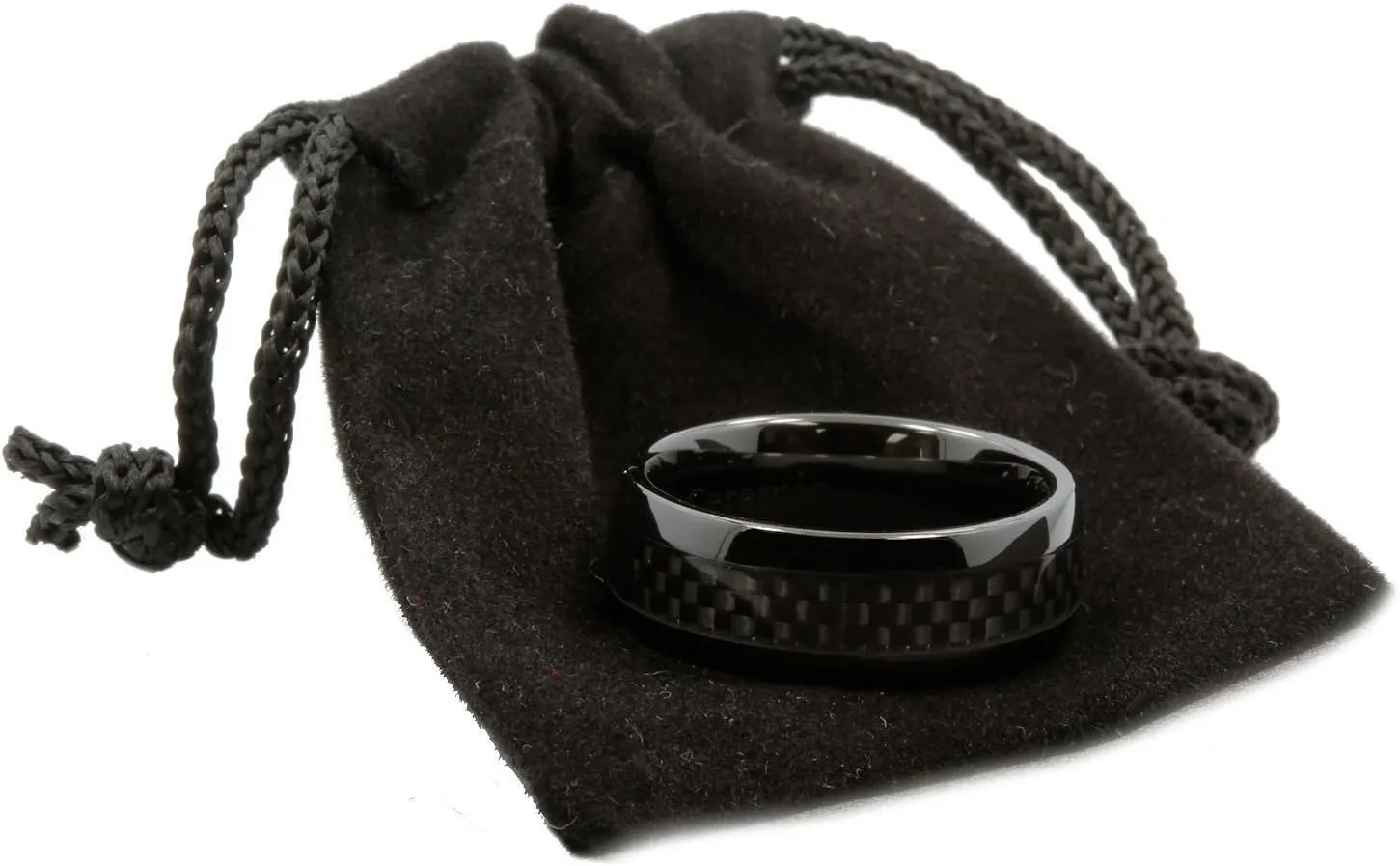 Black 8mm Ceramic Black Carbon Fiber Inlay Half Dome or Recessed Edge Wedding Band Comfort Fit Ring