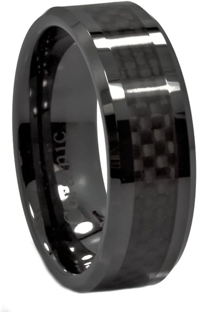 Black 8mm Ceramic Black Carbon Fiber Inlay Half Dome or Recessed Edge Wedding Band Comfort Fit Ring