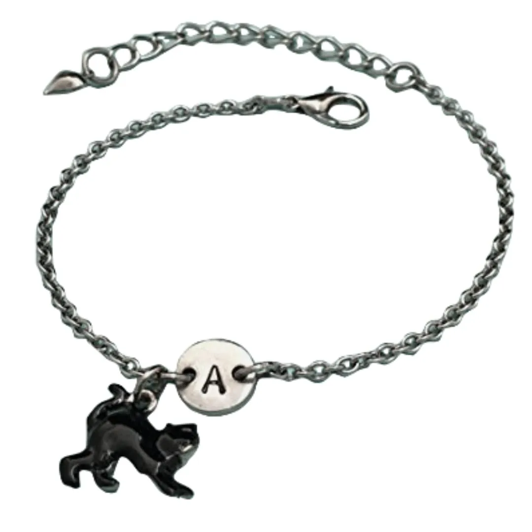 Black cat charm bracelet, black cat charm, adjustable bracelet, Halloween, personalized bracelet, initial bracelet, monogram