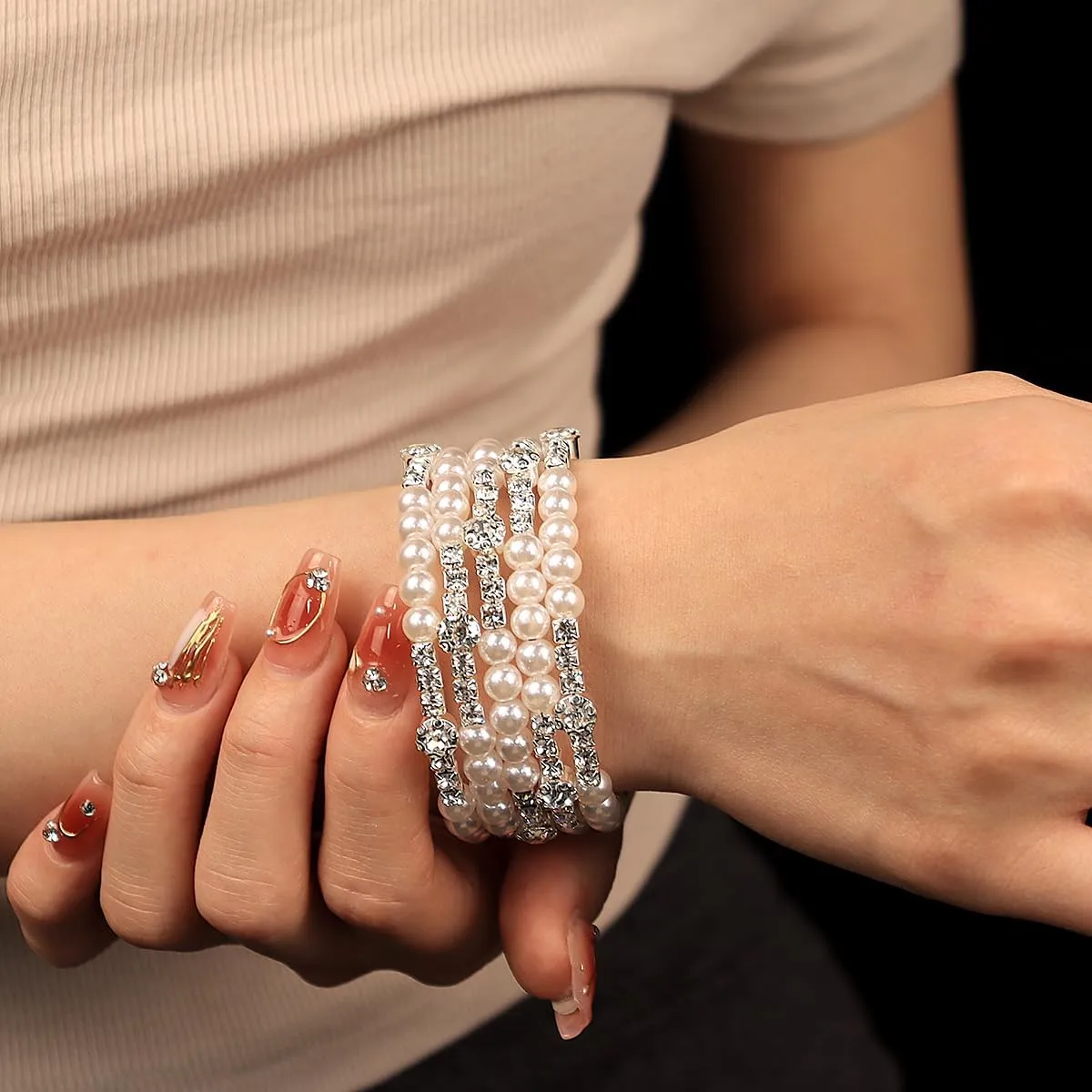 Bridal Multi Rows Pearl Cuff Bracelet Sparkly Rhinestone Stretch Wrap Bangle 1920s Pearl Bracelet Jewelry for Women
