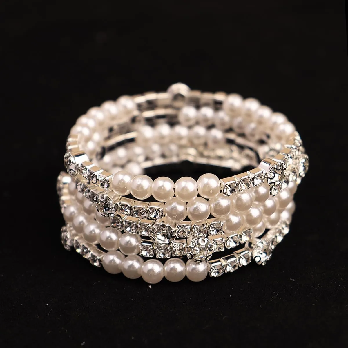 Bridal Multi Rows Pearl Cuff Bracelet Sparkly Rhinestone Stretch Wrap Bangle 1920s Pearl Bracelet Jewelry for Women