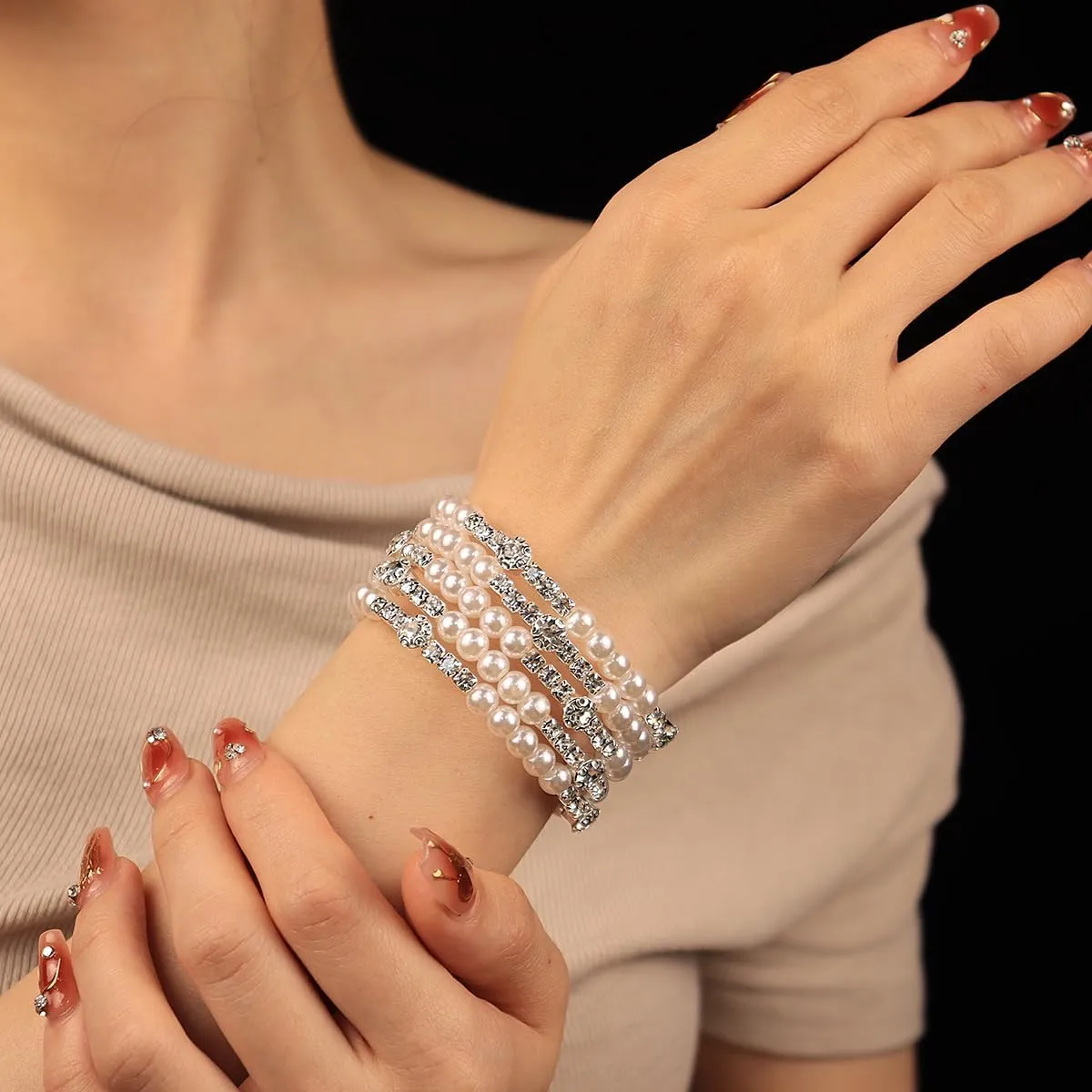 Bridal Multi Rows Pearl Cuff Bracelet Sparkly Rhinestone Stretch Wrap Bangle 1920s Pearl Bracelet Jewelry for Women