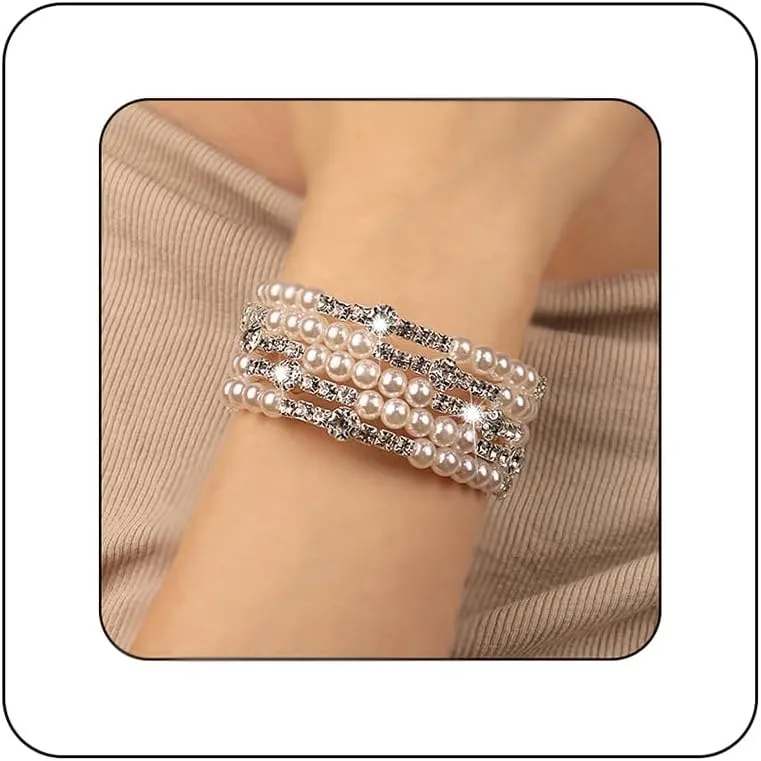 Bridal Multi Rows Pearl Cuff Bracelet Sparkly Rhinestone Stretch Wrap Bangle 1920s Pearl Bracelet Jewelry for Women