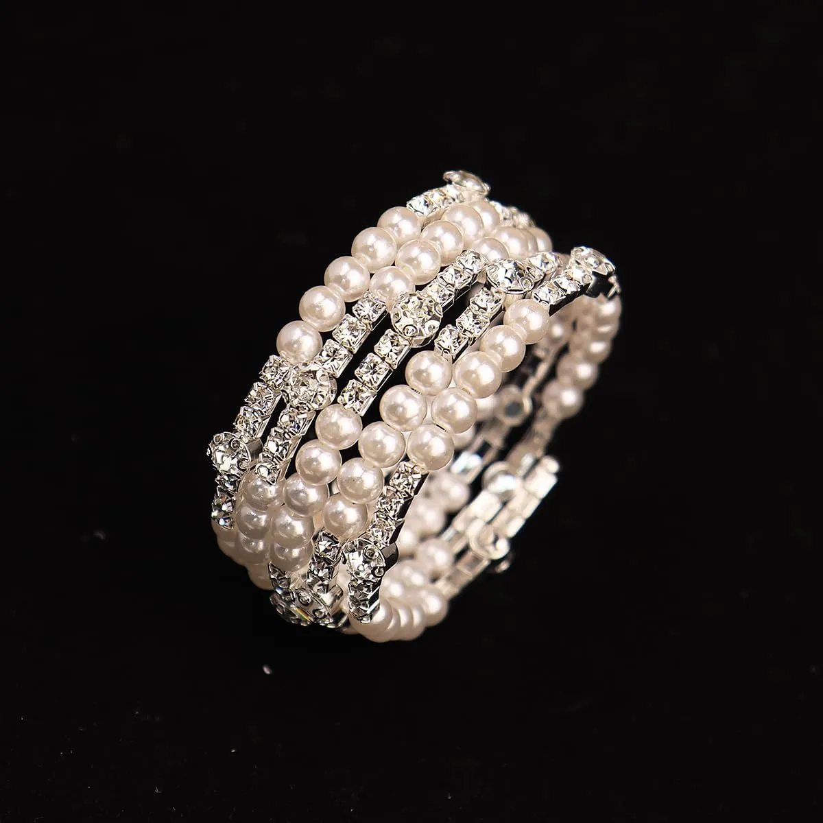 Bridal Multi Rows Pearl Cuff Bracelet Sparkly Rhinestone Stretch Wrap Bangle 1920s Pearl Bracelet Jewelry for Women
