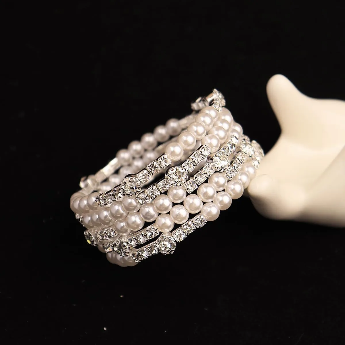Bridal Multi Rows Pearl Cuff Bracelet Sparkly Rhinestone Stretch Wrap Bangle 1920s Pearl Bracelet Jewelry for Women