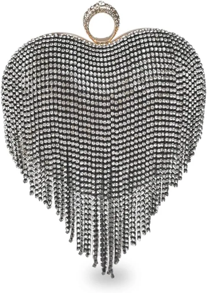 Bridal Wedding Purse Glitter Shoulder Crossbody Women Luxury Heart Shape Tassel Evening Clutch Rhinestone Handbag
