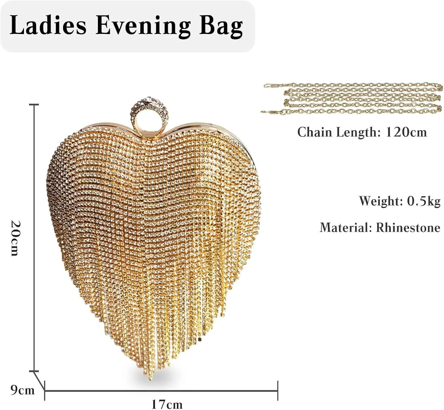 Bridal Wedding Purse Glitter Shoulder Crossbody Women Luxury Heart Shape Tassel Evening Clutch Rhinestone Handbag