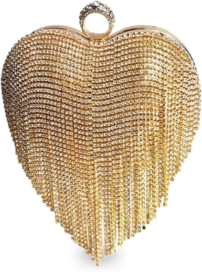 Bridal Wedding Purse Glitter Shoulder Crossbody Women Luxury Heart Shape Tassel Evening Clutch Rhinestone Handbag