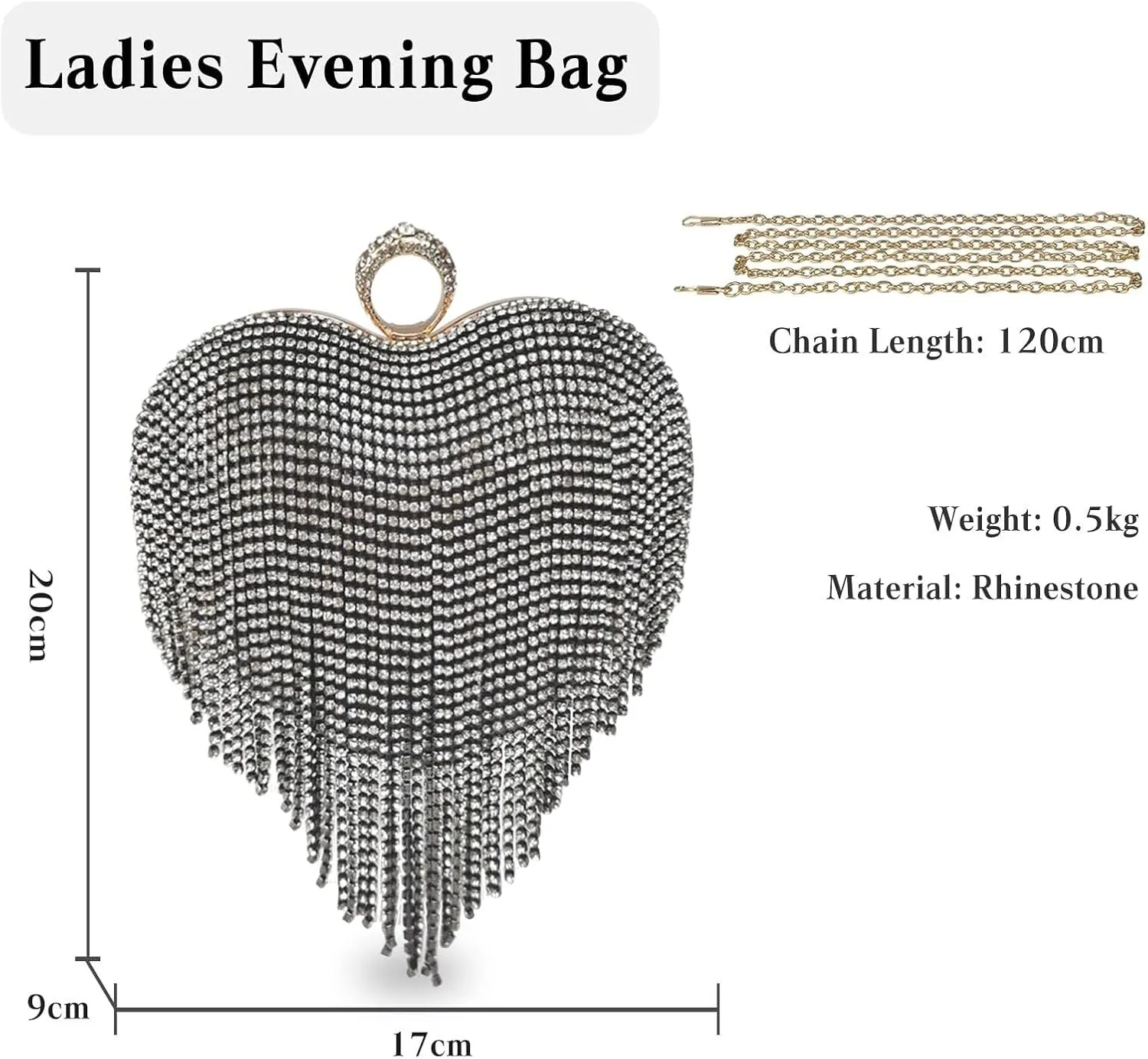 Bridal Wedding Purse Glitter Shoulder Crossbody Women Luxury Heart Shape Tassel Evening Clutch Rhinestone Handbag