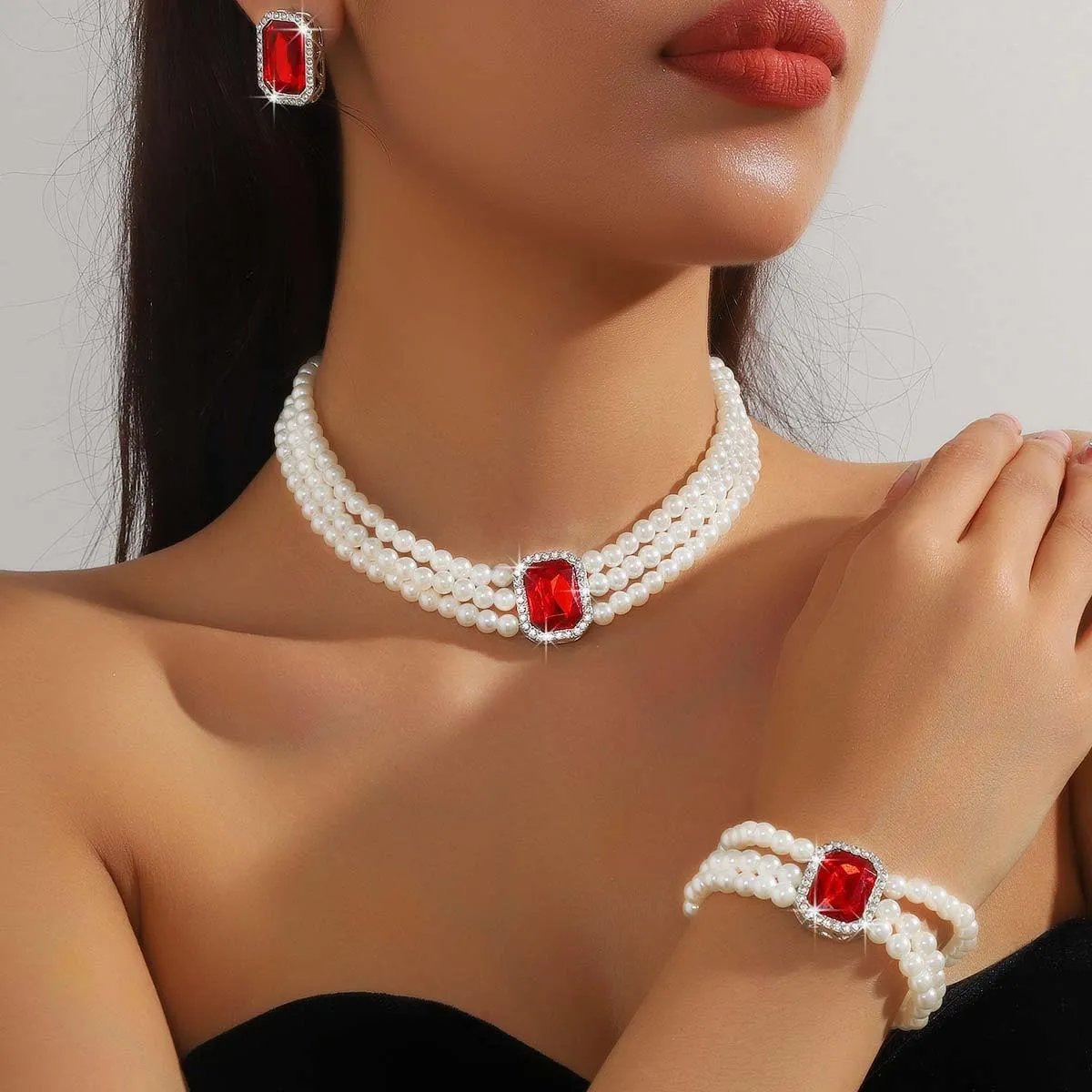 Brishow Pearl Necklace Jewelry Set Wedding Pearls Earrings Necklaces Set Bridal Crystal Bracelet Jewelry for Women (Pack of 3)