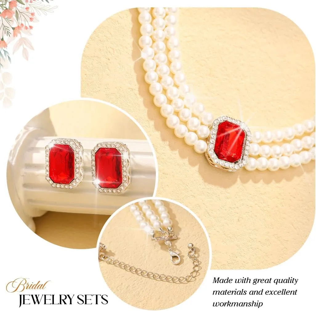 Brishow Pearl Necklace Jewelry Set Wedding Pearls Earrings Necklaces Set Bridal Crystal Bracelet Jewelry for Women (Pack of 3)