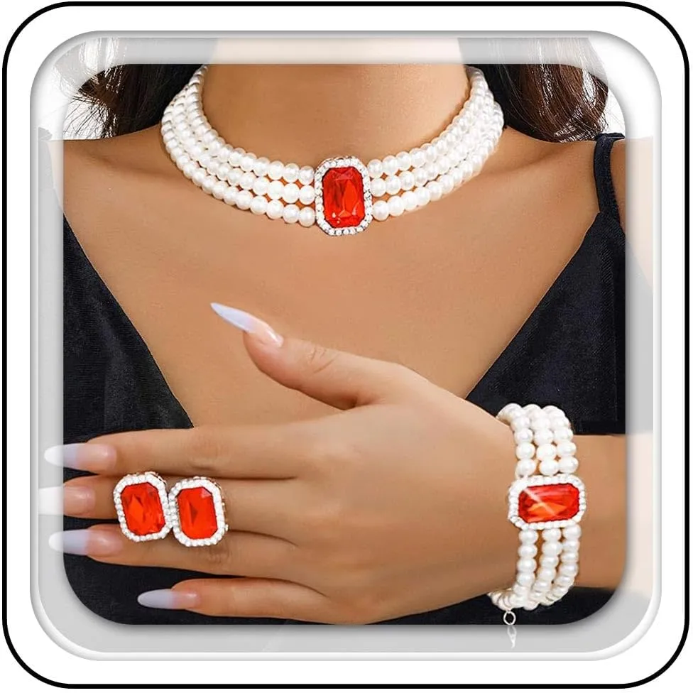 Brishow Pearl Necklace Jewelry Set Wedding Pearls Earrings Necklaces Set Bridal Crystal Bracelet Jewelry for Women (Pack of 3)