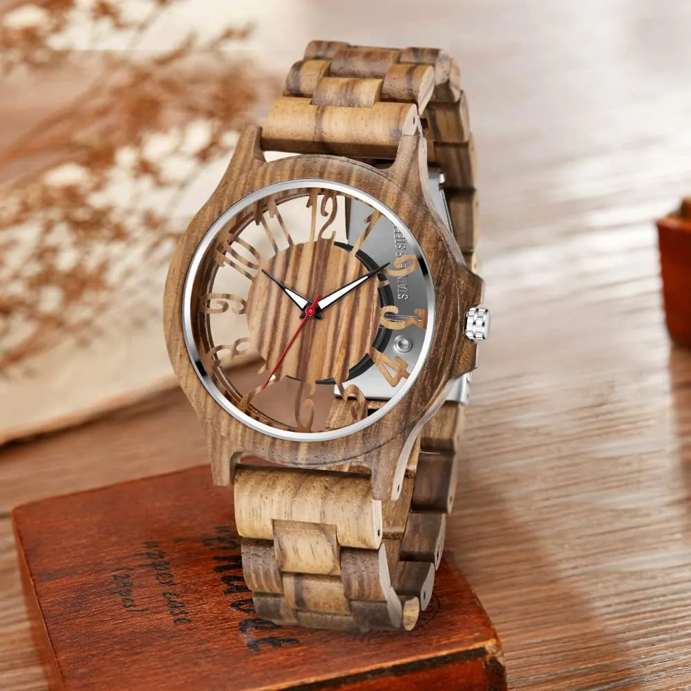 Brown Deep Black Ebony Zebra Wooden Quartz Men's Watch,Foldover Clasp Wood Strap Wooden Watches for Men