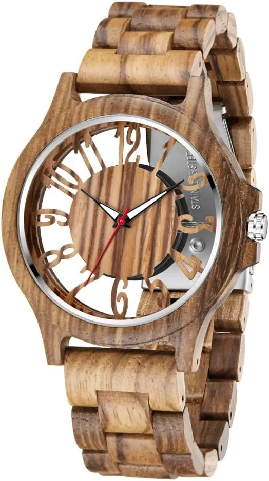 Brown Deep Black Ebony Zebra Wooden Quartz Men's Watch,Foldover Clasp Wood Strap Wooden Watches for Men