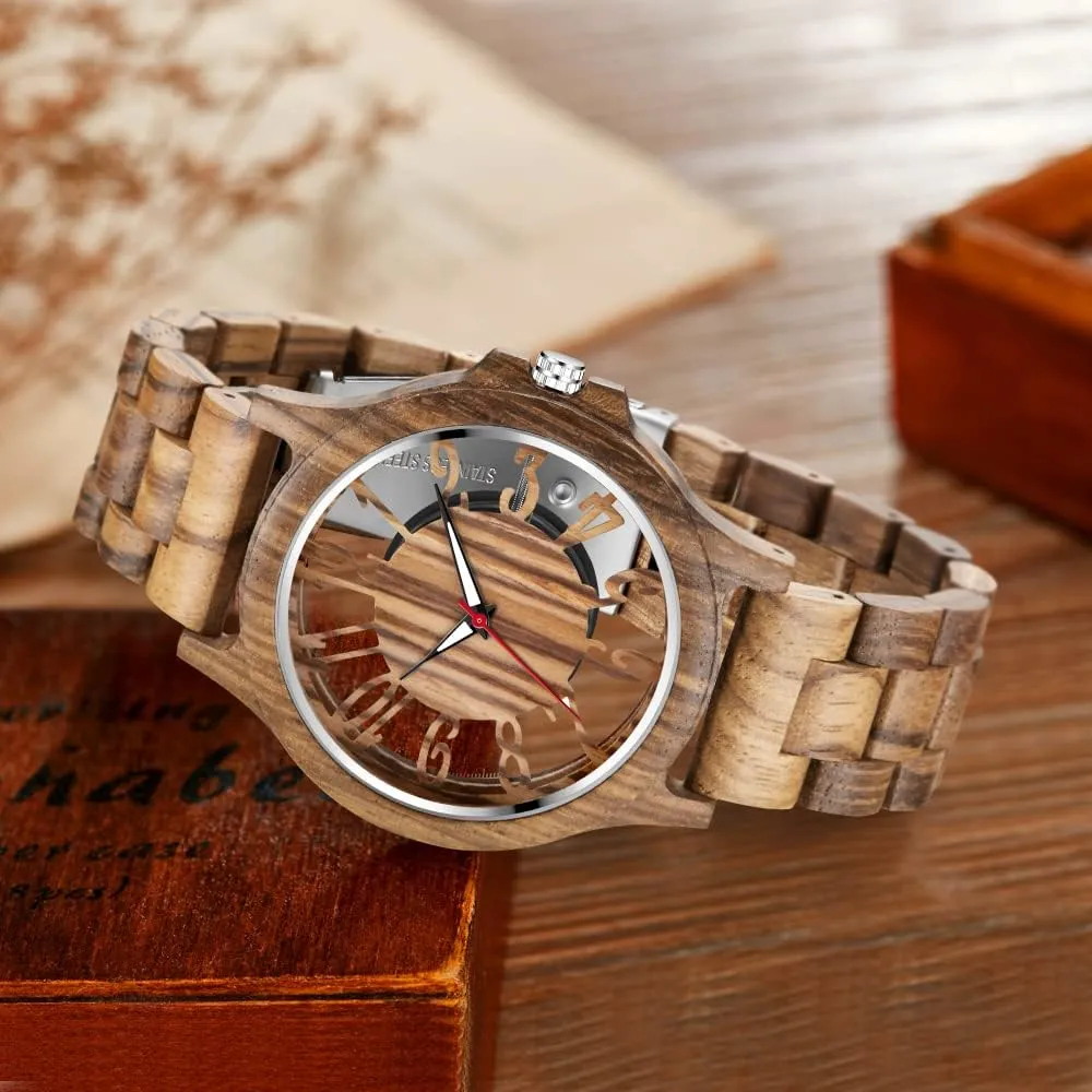 Brown Deep Black Ebony Zebra Wooden Quartz Men's Watch,Foldover Clasp Wood Strap Wooden Watches for Men