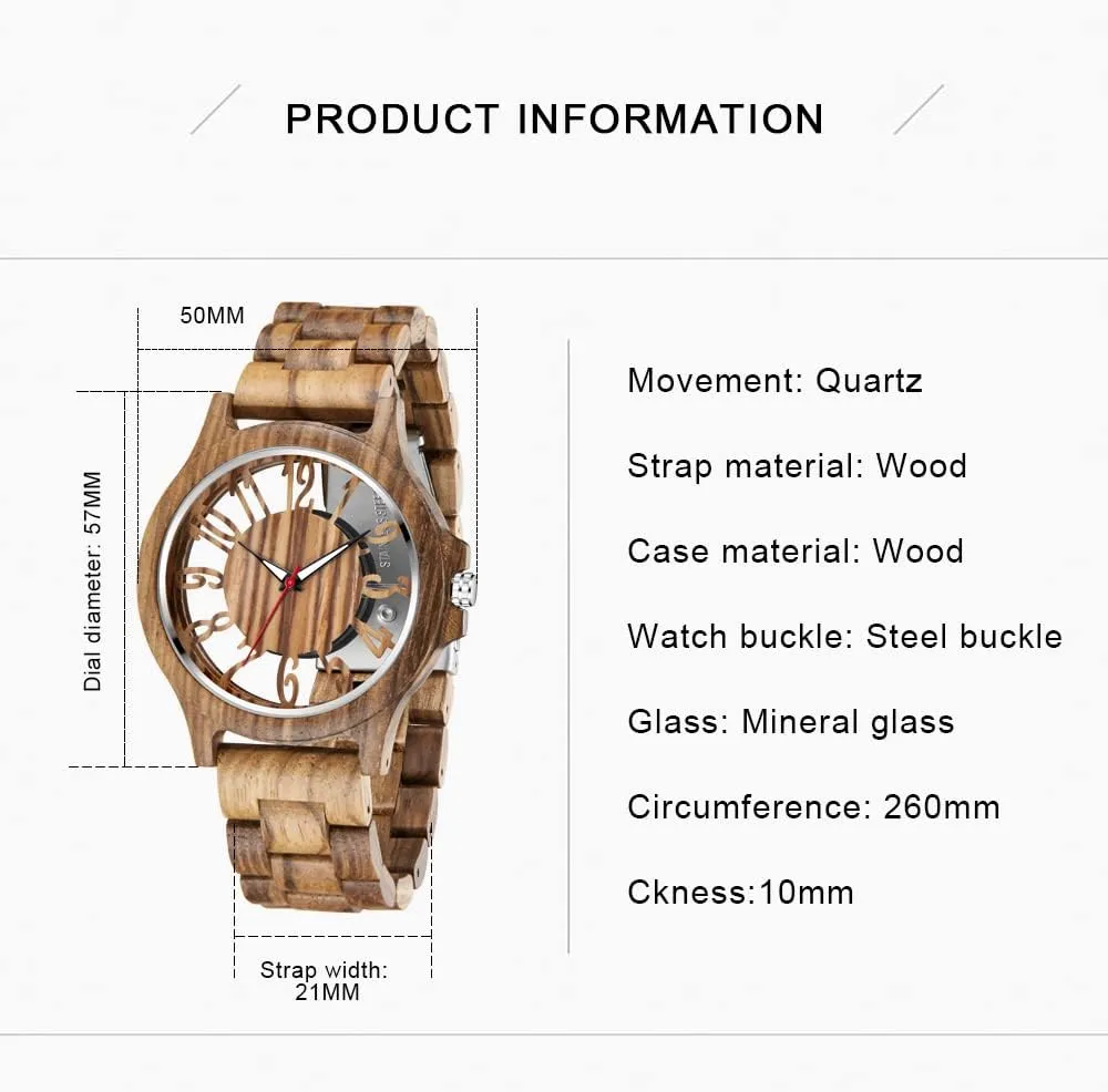 Brown Deep Black Ebony Zebra Wooden Quartz Men's Watch,Foldover Clasp Wood Strap Wooden Watches for Men