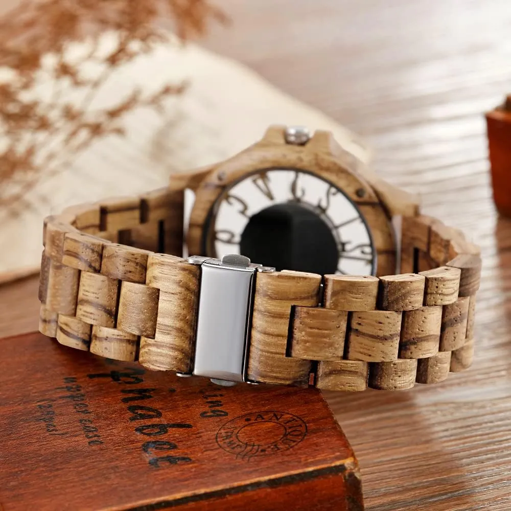 Brown Deep Black Ebony Zebra Wooden Quartz Men's Watch,Foldover Clasp Wood Strap Wooden Watches for Men