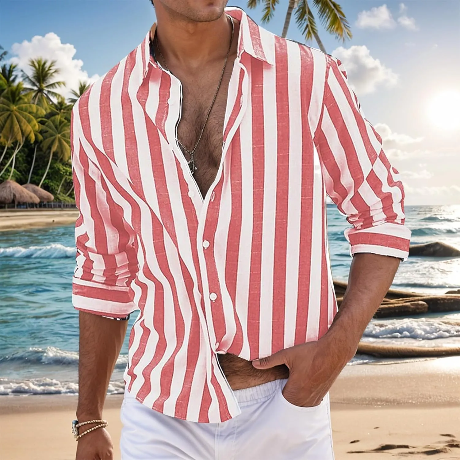 Button Down Linen Shirts for Men Striped Loose Fit Casual Long Sleeve Tops Cotton Linen Spring Summer Beach Shirts