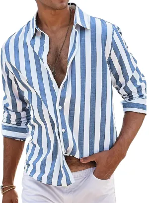 Button Down Linen Shirts for Men Striped Loose Fit Casual Long Sleeve Tops Cotton Linen Spring Summer Beach Shirts