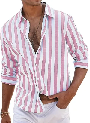 Button Down Linen Shirts for Men Striped Loose Fit Casual Long Sleeve Tops Cotton Linen Spring Summer Beach Shirts