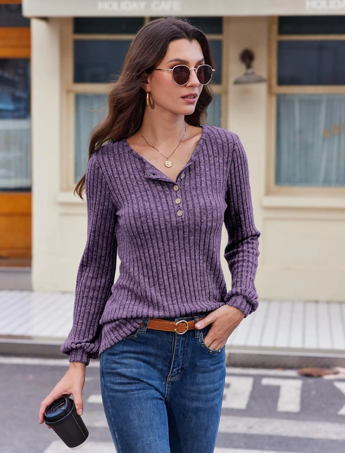 Button Up Sweater for Women Fall Lightweight Knit Pullover Sweaters Long Sleeve Henley Shirts Crewneck Tunic Tops