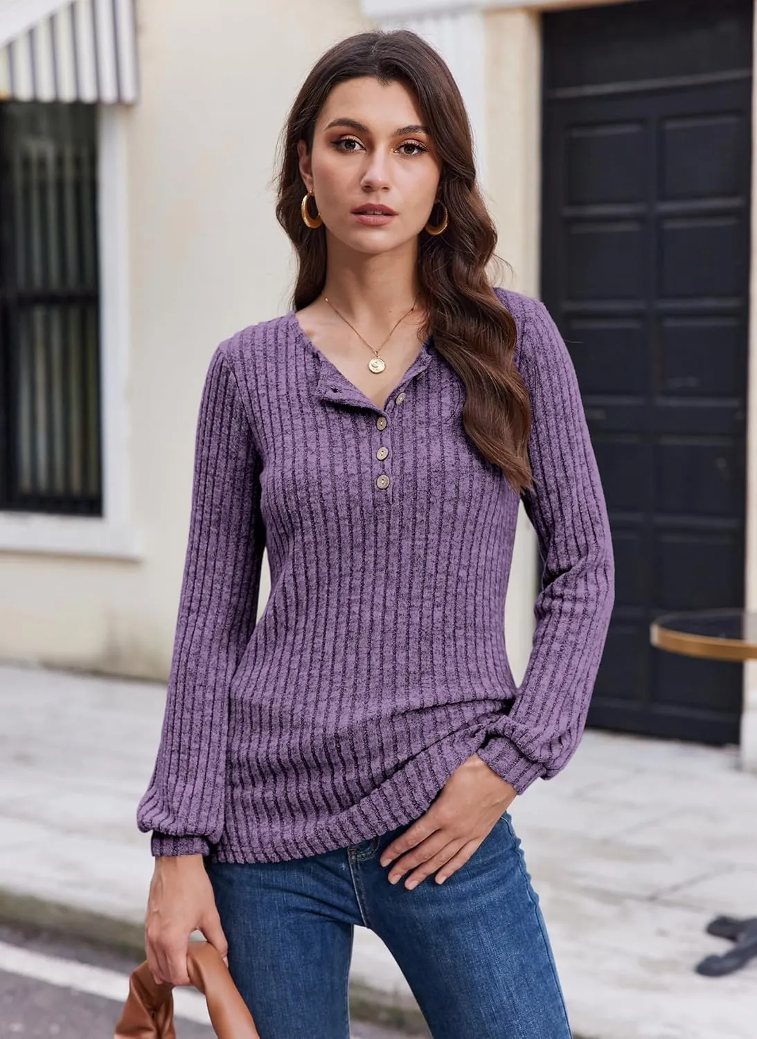 Button Up Sweater for Women Fall Lightweight Knit Pullover Sweaters Long Sleeve Henley Shirts Crewneck Tunic Tops